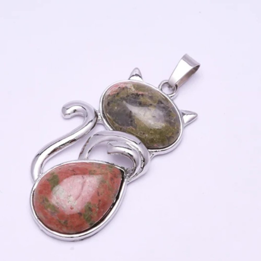 Unakite Natural Stone Cute Cat Pendant Necklace - Picture 3 of 4